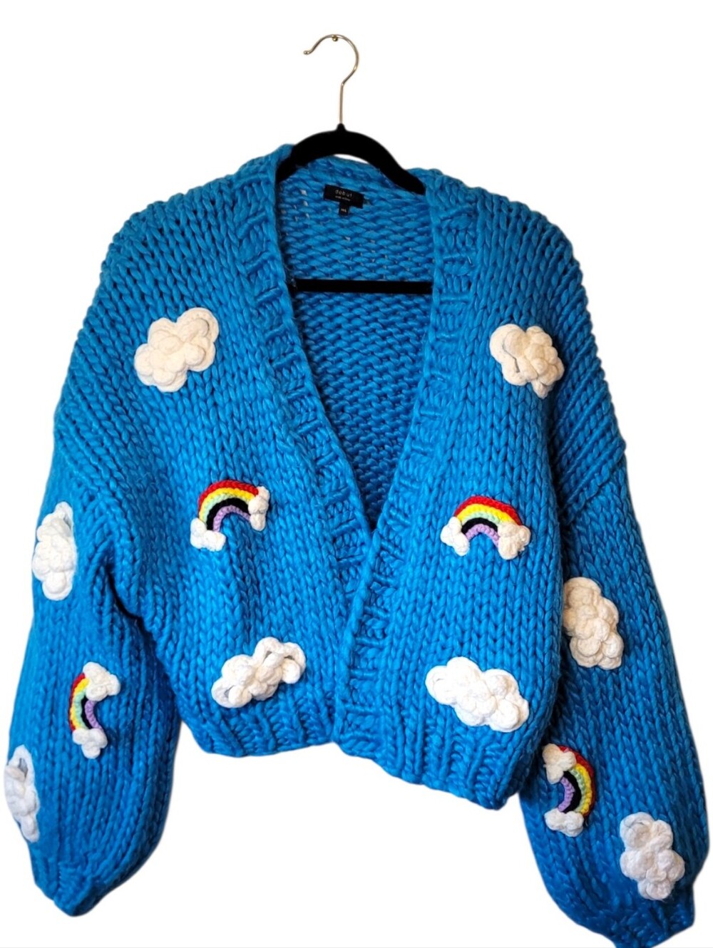 debut Bright Blue Chunky Knit Cardigan with Rainbows & Clouds Size M/L